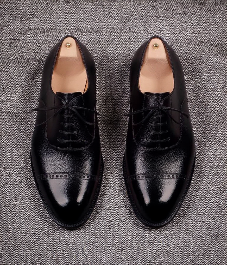 Black Leather Cap-Toe Oxford Shoes – Western Shoes